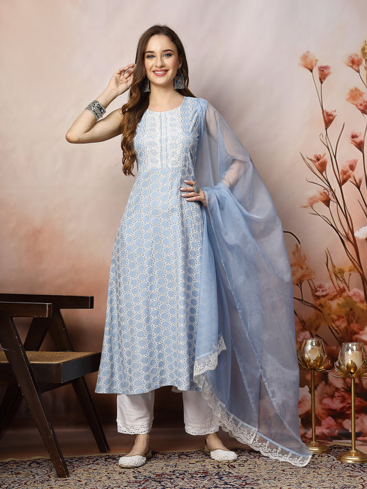 Stylum Women's Powder Blue Printed & Embroidered Rayon A-Line Kurta Dupatta Set (KDSKYSURJI)