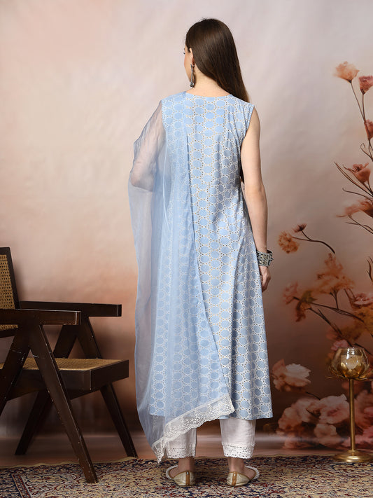 Stylum Women's Powder Blue Printed & Embroidered Rayon A-Line Kurta Dupatta Set (KDSKYSURJI)