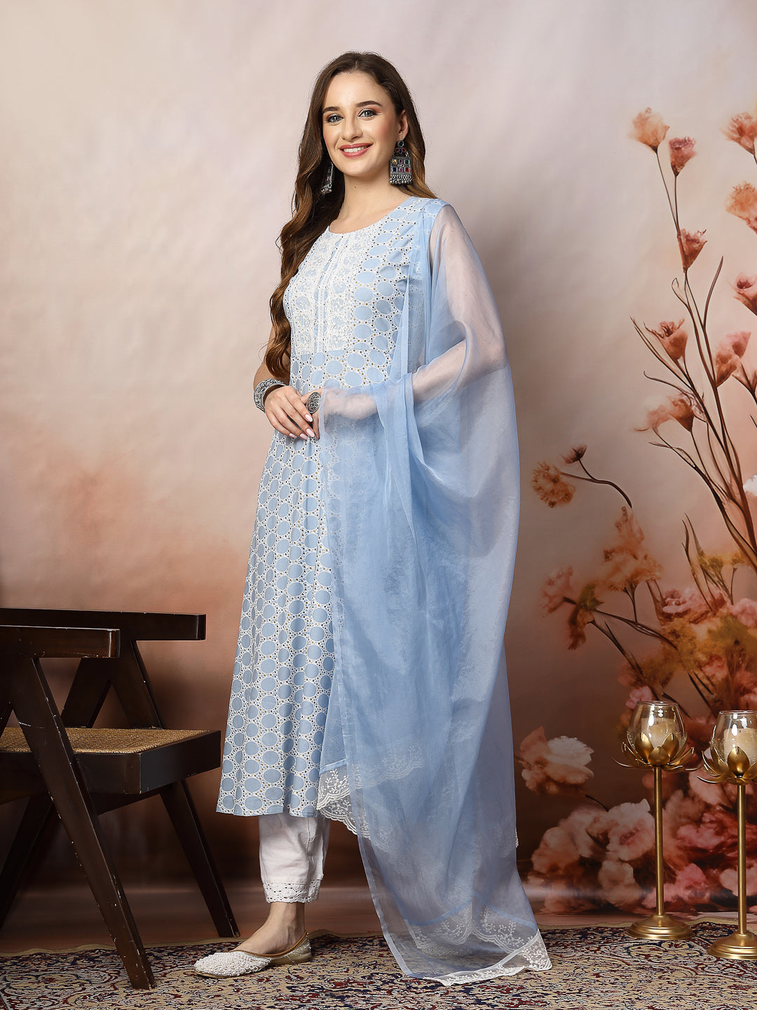 Stylum Women's Powder Blue Printed & Embroidered Rayon A-Line Kurta Dupatta Set (KDSKYSURJI)