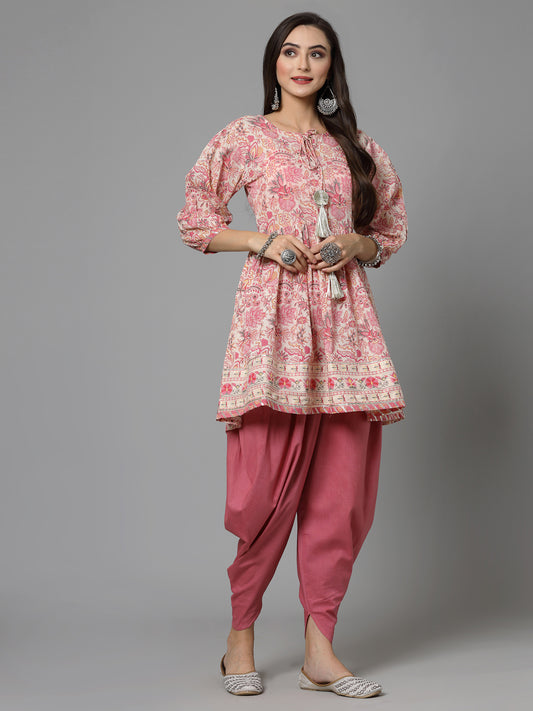 Floral Printed Cotton Kurti with Dhoti Pant 