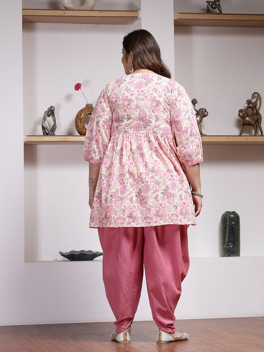 Plus Size Women's Floral Printed Cotton Kurti with Dhoti Pant (KDSMITHPLUS)