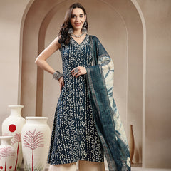 Stylum Women's Teal Bandhej Printed A-Line Rayon Kurta With Dupatta (KDTEALBOTTLE)