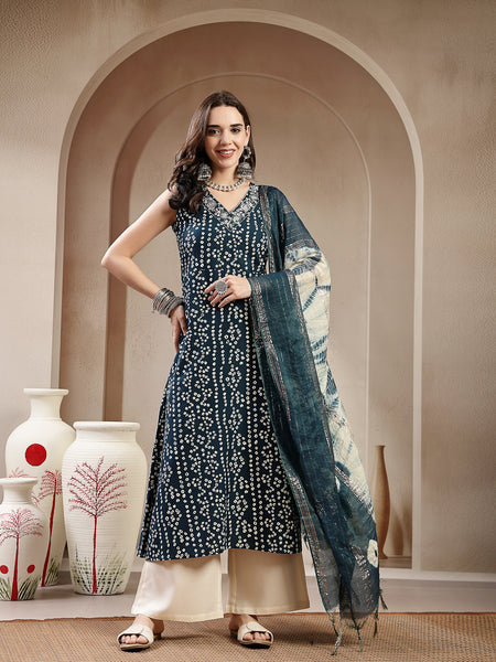 Stylum Women's Teal Bandhej Printed A-Line Rayon Kurta With Dupatta (KDTEALBOTTLE)