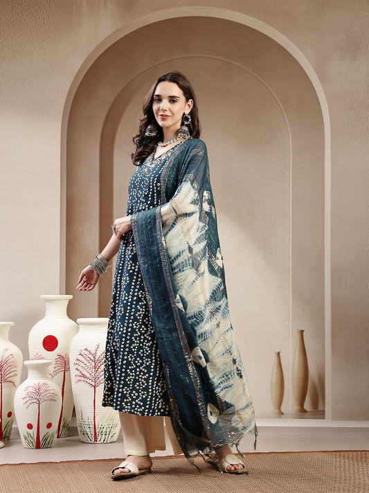Stylum Women's Teal Bandhej Printed A-Line Rayon Kurta With Dupatta (KDTEALBOTTLE)
