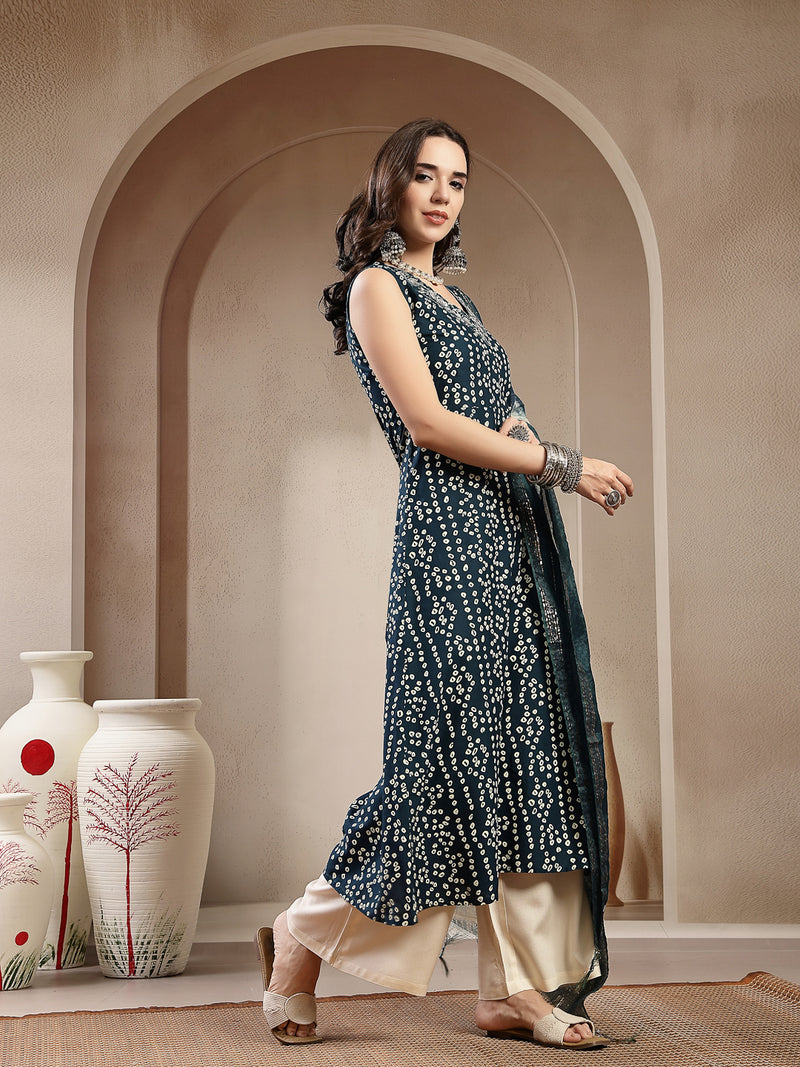 Stylum Women's Teal Bandhej Printed A-Line Rayon Kurta With Dupatta (KDTEALBOTTLE)
