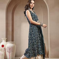 Stylum Women's Teal Bandhej Printed A-Line Rayon Kurta With Dupatta (KDTEALBOTTLE)