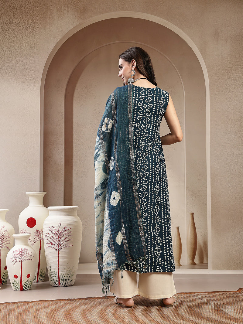 Stylum Women's Teal Bandhej Printed A-Line Rayon Kurta With Dupatta (KDTEALBOTTLE)