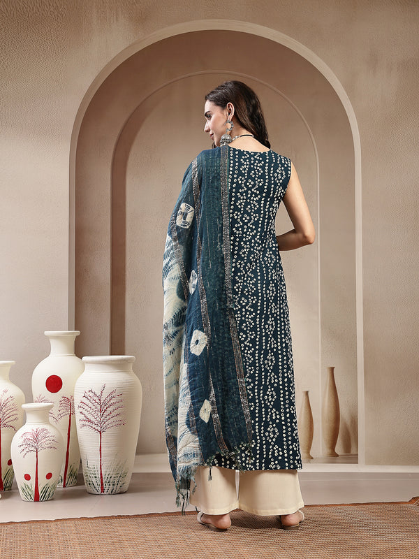 Stylum Women's Teal Bandhej Printed A-Line Rayon Kurta With Dupatta (KDTEALBOTTLE)