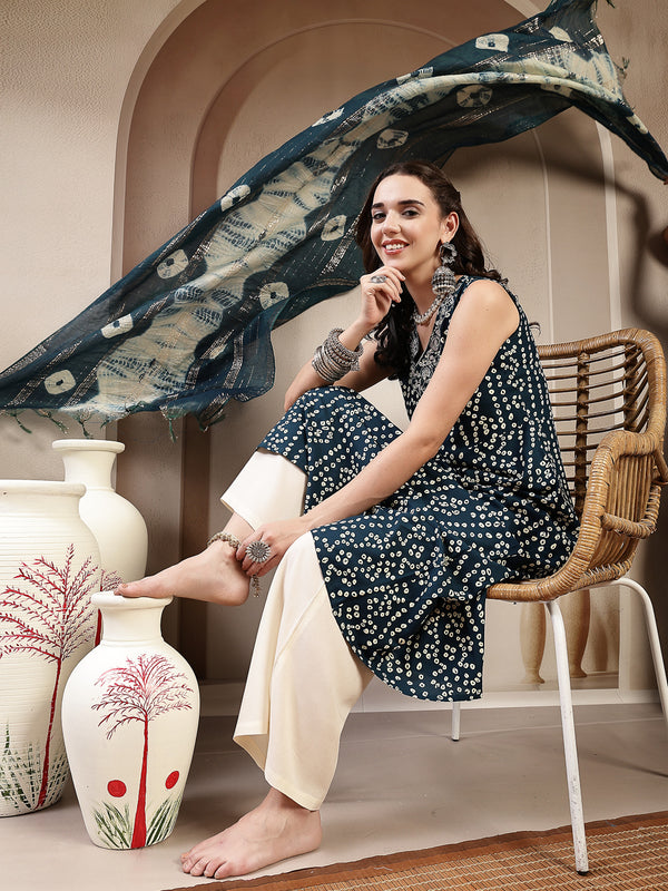 Stylum Women's Teal Bandhej Printed A-Line Rayon Kurta With Dupatta (KDTEALBOTTLE)