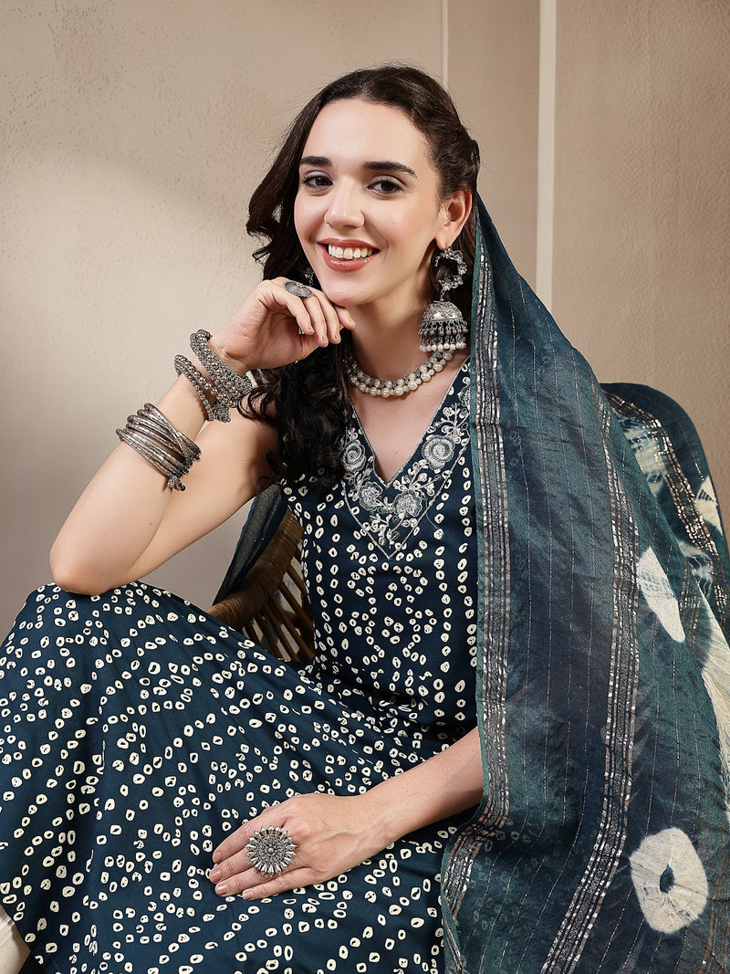 Stylum Women's Teal Bandhej Printed A-Line Rayon Kurta With Dupatta (KDTEALBOTTLE)