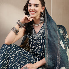 Stylum Women's Teal Bandhej Printed A-Line Rayon Kurta With Dupatta (KDTEALBOTTLE)