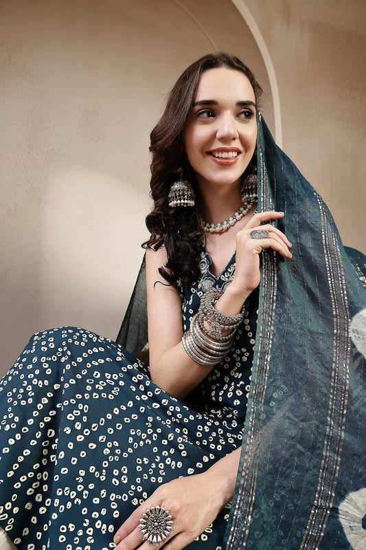 Stylum Women's Teal Bandhej Printed A-Line Rayon Kurta With Dupatta (KDTEALBOTTLE)