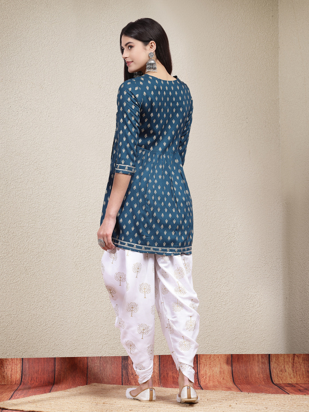 Stylum Women's Printed & Embroidered Rayon Kurti with Dhoti Pant (KDTEALMAHI)