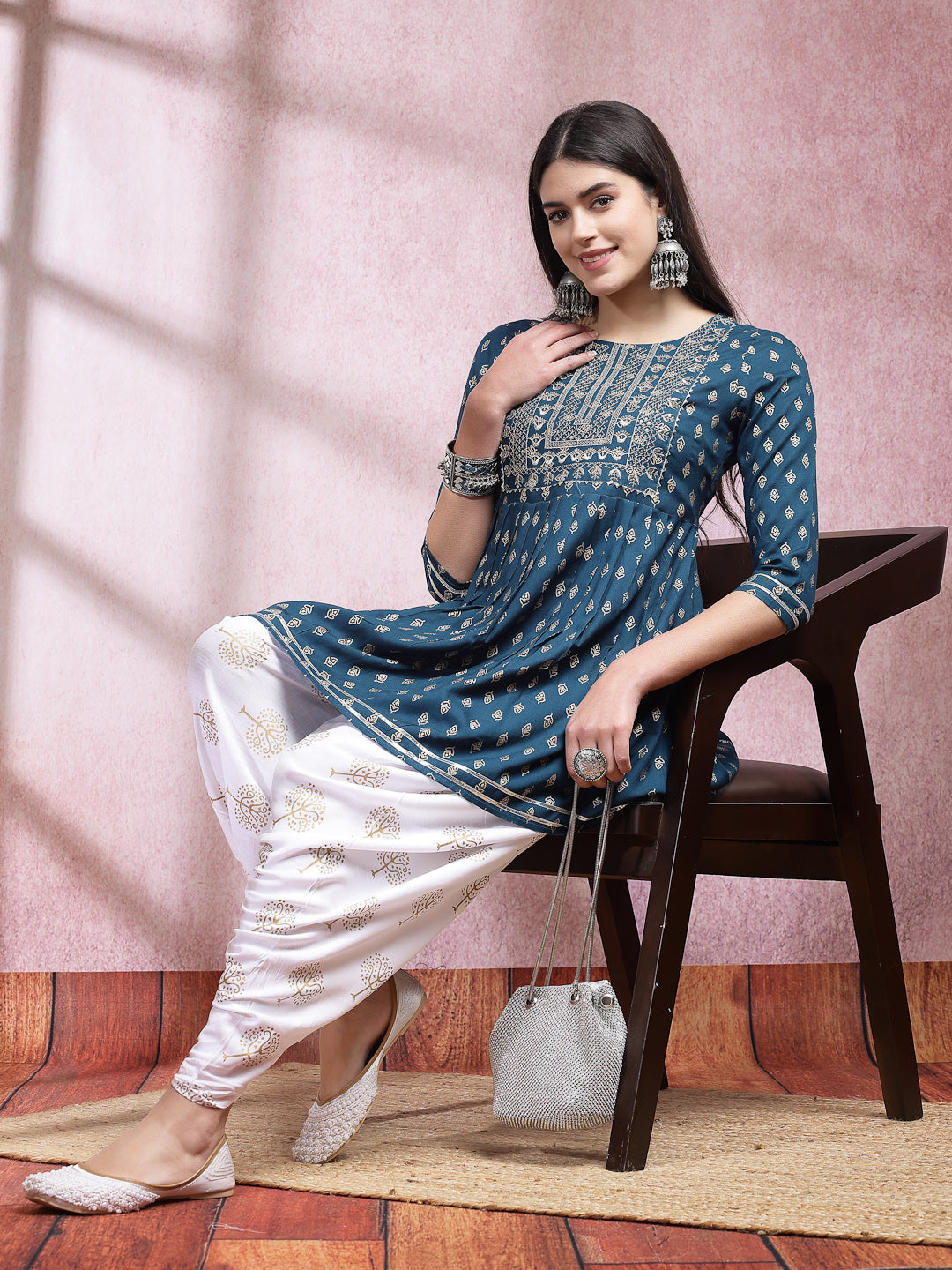 Stylum Women's Printed & Embroidered Rayon Kurti with Dhoti Pant (KDTEALMAHI)