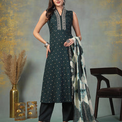 Stylum Women's Teal Khari Printed & Embroidered Rayon A-Line Kurta Dupatta Set (KDTEALWILLIAM)