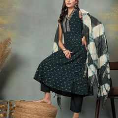 Stylum Women's Teal Khari Printed & Embroidered Rayon A-Line Kurta Dupatta Set (KDTEALWILLIAM)