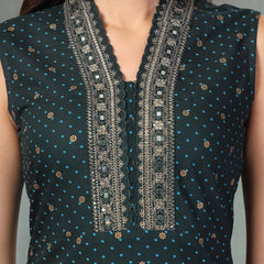 Stylum Women's Teal Khari Printed & Embroidered Rayon A-Line Kurta Dupatta Set (KDTEALWILLIAM)