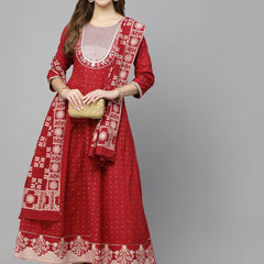 Stylum Women's Printed & Embroidered Cotton Anarkali kurta with Dupatta (KDTITANMAROON)