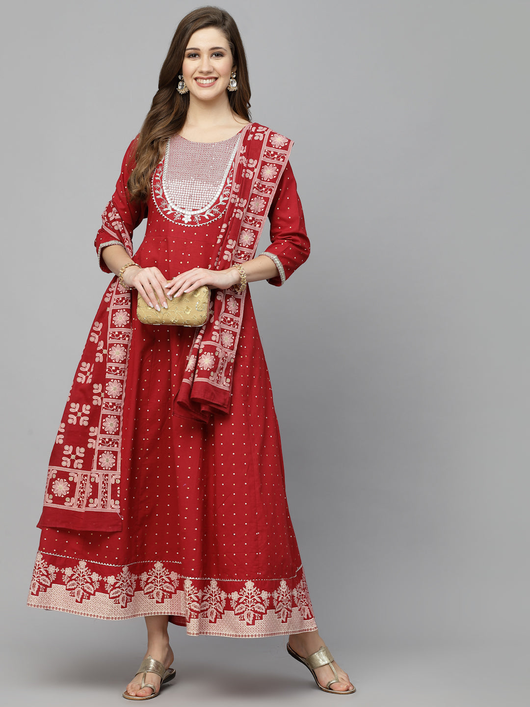 Stylum Women's Printed & Embroidered Cotton Anarkali kurta with Dupatta (KDTITANMAROON)