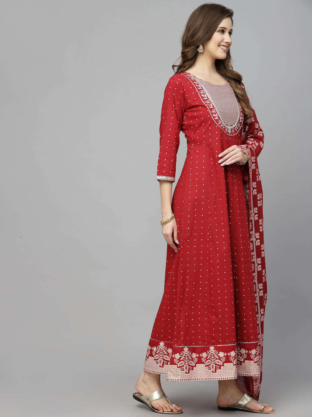 Stylum Women's Printed & Embroidered Cotton Anarkali kurta with Dupatta (KDTITANMAROON)