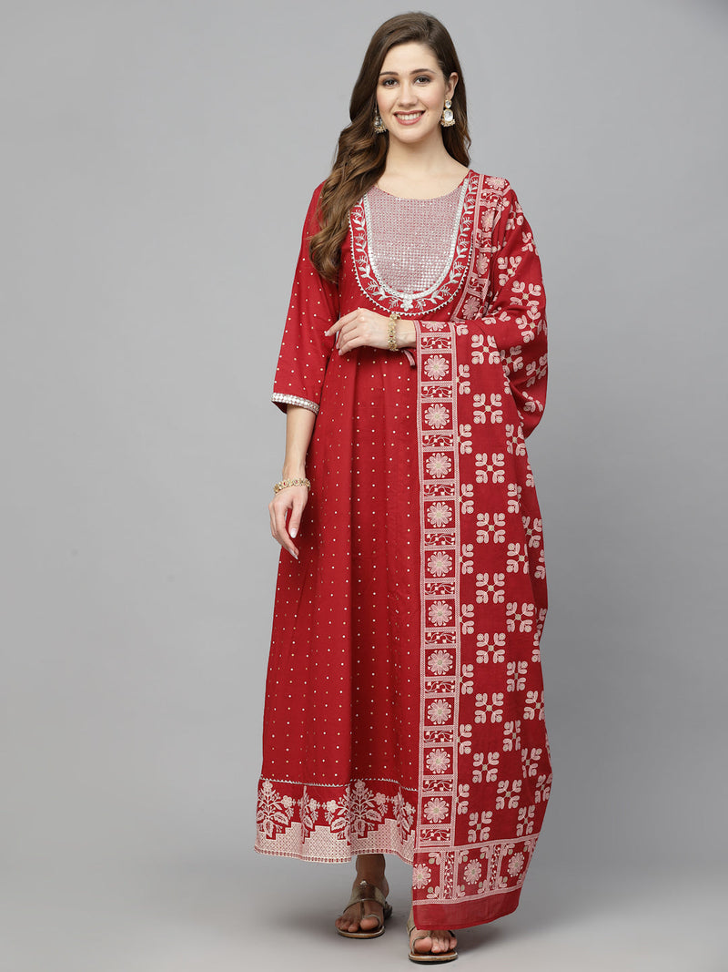 Stylum Women's Printed & Embroidered Cotton Anarkali kurta with Dupatta (KDTITANMAROON)