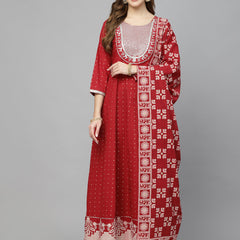 Stylum Women's Printed & Embroidered Cotton Anarkali kurta with Dupatta (KDTITANMAROON)