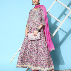Mauve Cotton Blend Anarkali Kurta with Dupatta
