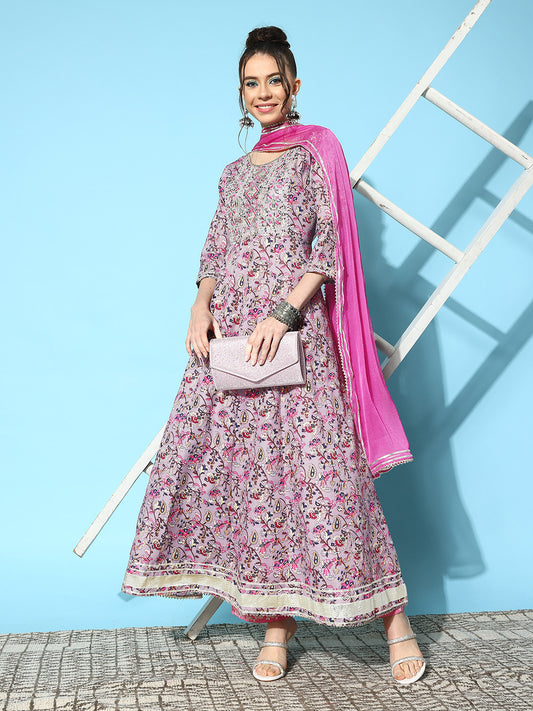 Mauve Cotton Blend Anarkali Kurta with Dupatta