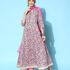 Stylum Women's Printed & Embroidered Cotton Blend Anarkali Kurta with Dupatta (KDVENTO)