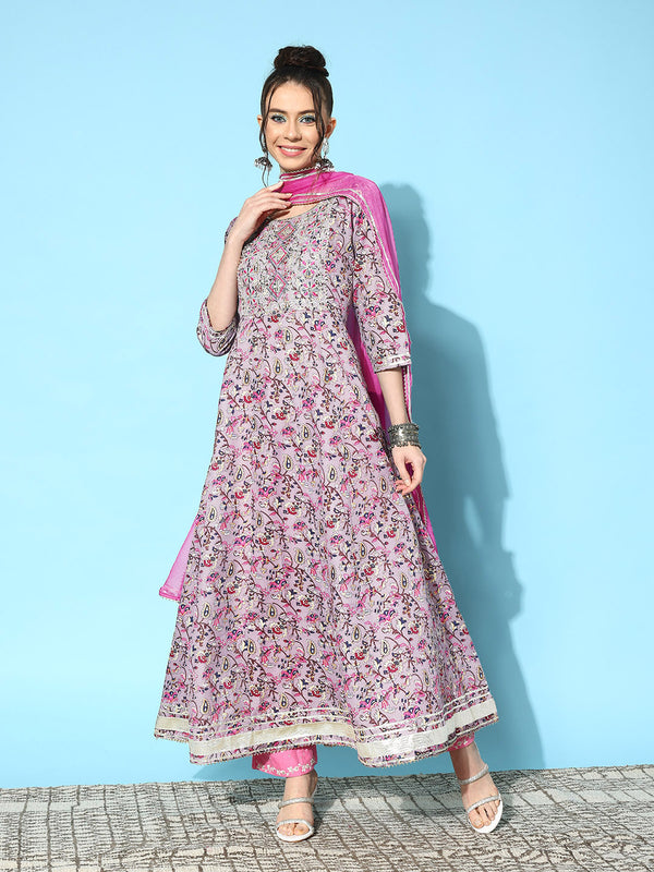 Stylum Women's Printed & Embroidered Cotton Blend Anarkali Kurta with Dupatta (KDVENTO)