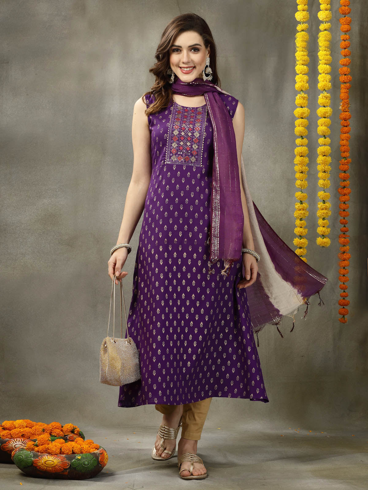 Stylum Women's Printed & Embroidered Rayon A-Line Kurta with Dupatta (KDVOILFRUITY)