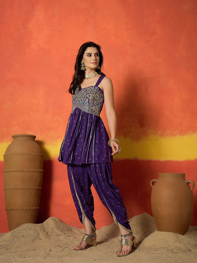 Stylum Women's Violet Embroidered Rayon A-Line Kurti With Dhoti Pant Set (KDVOILJAMOTI)