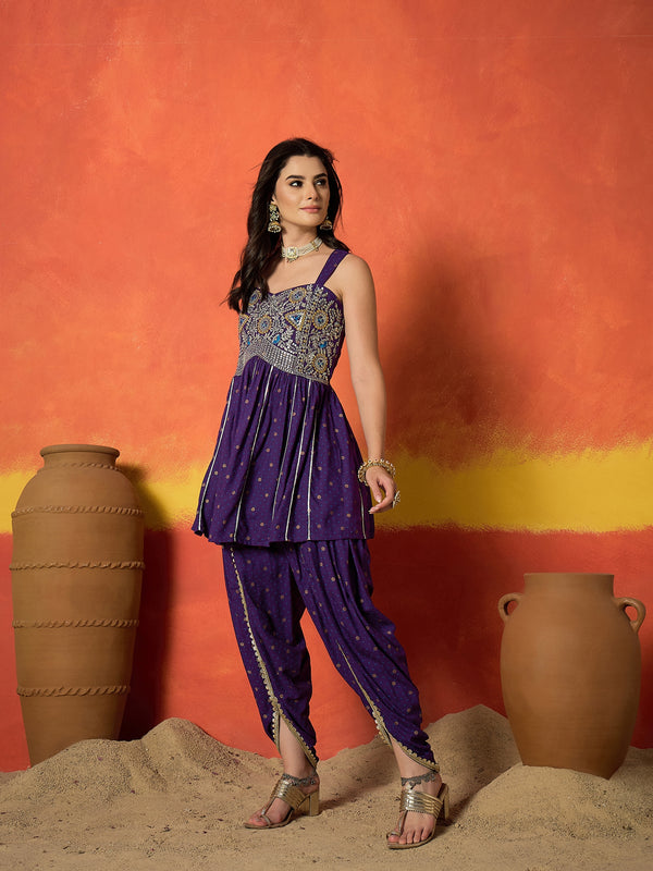 Stylum Women's Violet Embroidered Rayon A-Line Kurti With Dhoti Pant Set (KDVOILJAMOTI)