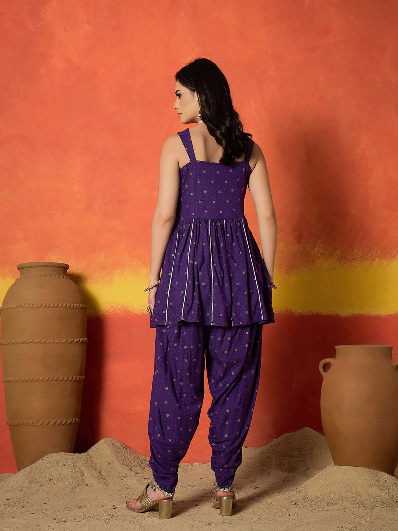 Stylum Women's Violet Embroidered Rayon A-Line Kurti With Dhoti Pant Set (KDVOILJAMOTI)