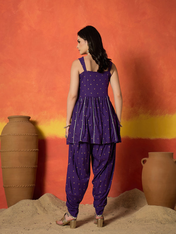 Stylum Women's Violet Embroidered Rayon A-Line Kurti With Dhoti Pant Set (KDVOILJAMOTI)