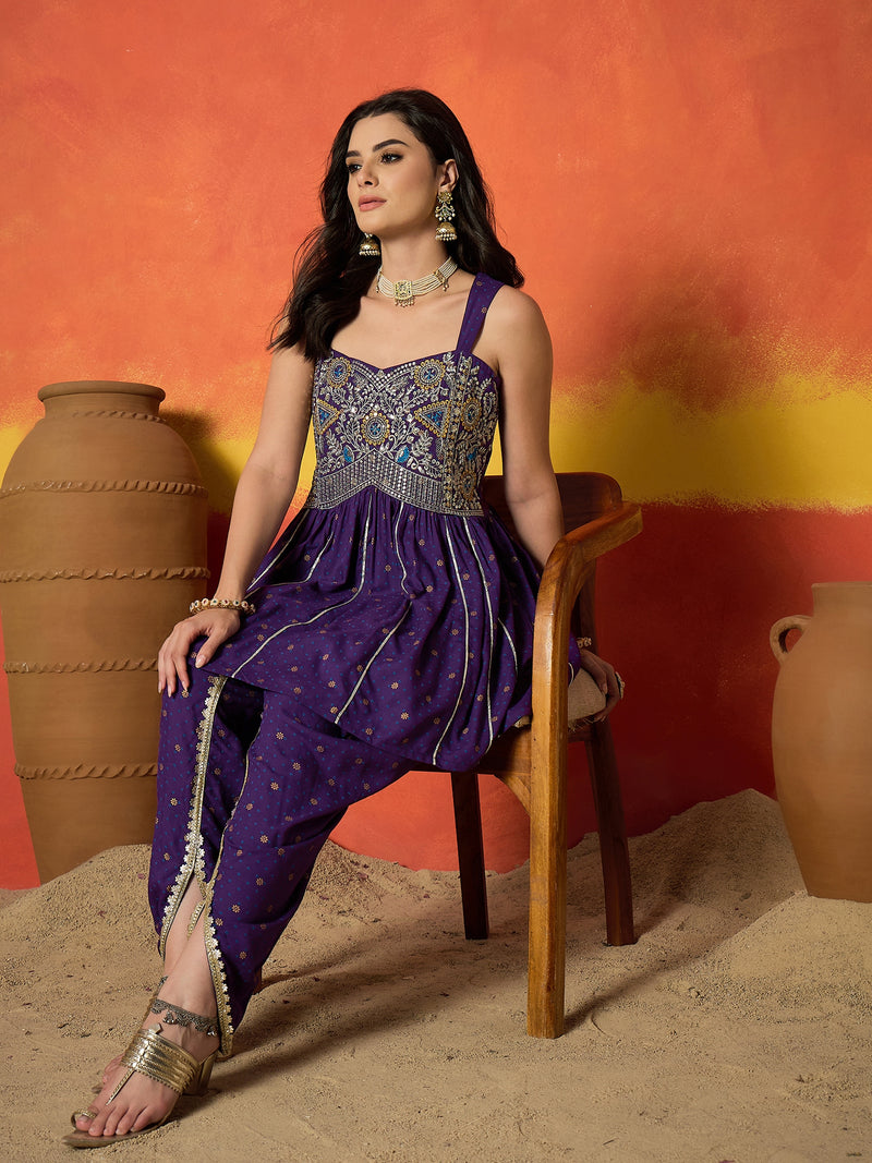 Stylum Women's Violet Embroidered Rayon A-Line Kurti With Dhoti Pant Set (KDVOILJAMOTI)