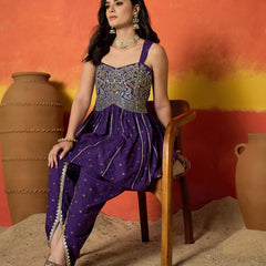 Stylum Women's Violet Embroidered Rayon A-Line Kurti With Dhoti Pant Set (KDVOILJAMOTI)