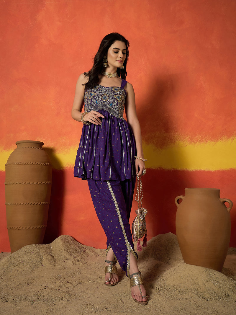 Stylum Women's Violet Embroidered Rayon A-Line Kurti With Dhoti Pant Set (KDVOILJAMOTI)