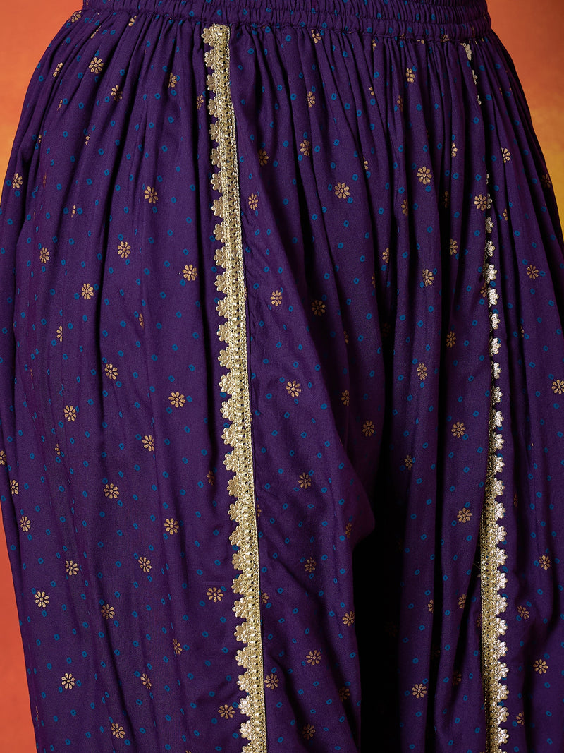 Stylum Women's Violet Embroidered Rayon A-Line Kurti With Dhoti Pant Set (KDVOILJAMOTI)