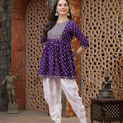 Stylum Women's Printed & Embroidered Rayon Kurti with Dhoti Pant (KDVOILMAHI)