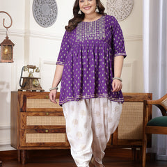 Plus Size Women's Printed & Embroidered Rayon Kurti with Dhoti Pant (KDVOILMAHIPLUS)
