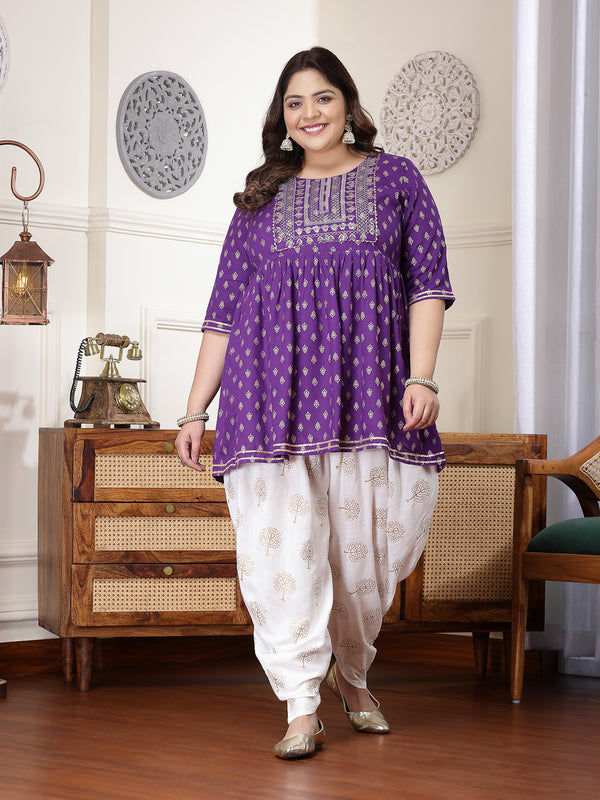 Plus Size Women's Printed & Embroidered Rayon Kurti with Dhoti Pant (KDVOILMAHIPLUS)