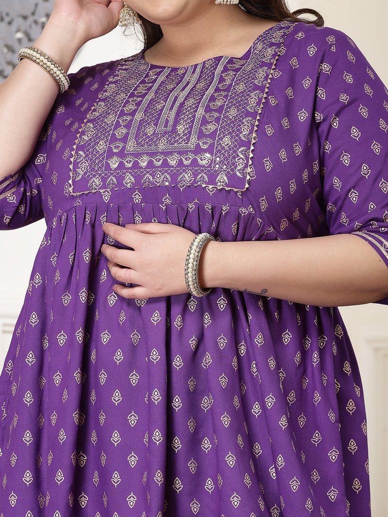 Plus Size Women's Printed & Embroidered Rayon Kurti with Dhoti Pant (KDVOILMAHIPLUS)