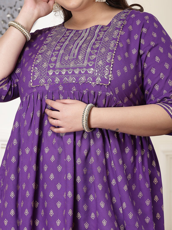 Plus Size Women's Printed & Embroidered Rayon Kurti with Dhoti Pant (KDVOILMAHIPLUS)