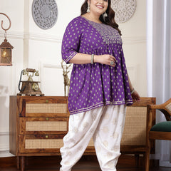 Plus Size Women's Printed & Embroidered Rayon Kurti with Dhoti Pant (KDVOILMAHIPLUS)