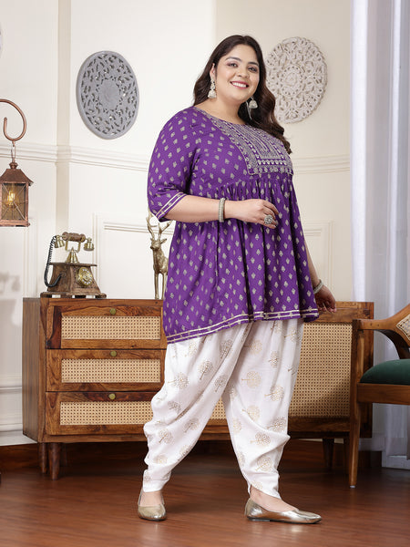 Plus Size Women's Printed & Embroidered Rayon Kurti with Dhoti Pant (KDVOILMAHIPLUS)
