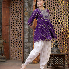 Stylum Women's Printed & Embroidered Rayon Kurti with Dhoti Pant (KDVOILMAHI)