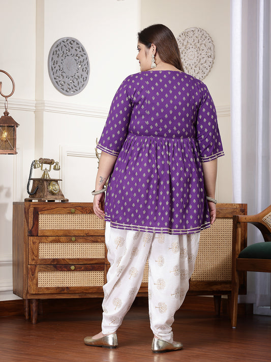 Plus Size Women's Printed & Embroidered Rayon Kurti with Dhoti Pant (KDVOILMAHIPLUS)