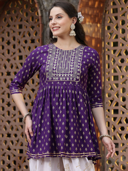 Stylum Women's Printed & Embroidered Rayon Kurti with Dhoti Pant (KDVOILMAHI)