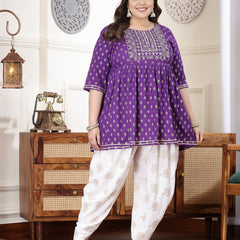 Plus Size Women's Printed & Embroidered Rayon Kurti with Dhoti Pant (KDVOILMAHIPLUS)